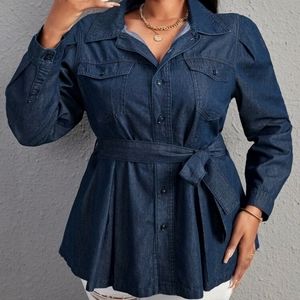 SHEIN Puff Sleeve Belted Denim Shirt
